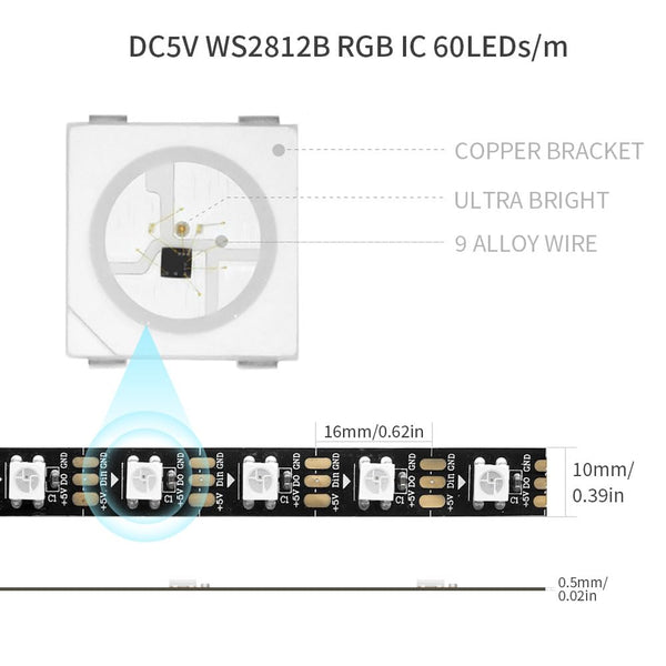 LOAMLIN WS2812B Individually Addressable RGB LED Strip 16.4FT 5050SMD Smart Flexible Dream Full Color 60Pixels/m Black PCB Light IP65 Waterproof DC5V