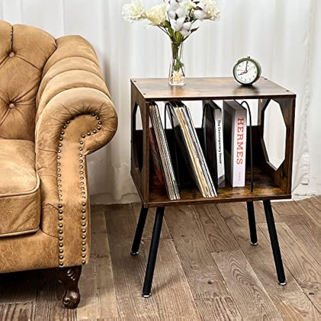 ikkle Rustic Record Player Stand, Record Storage Cabinet Holder with Metal Legs Holds 150 Albums, Turntable Stand Vinyl Record Storage Table for Bedroom Living Room (Brown)