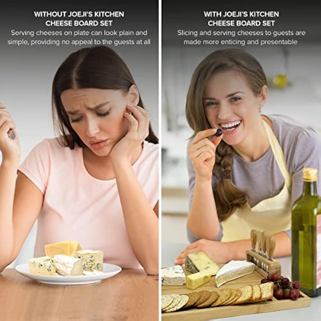 joeji's Kitchen Cheese Board Platter Set - Natural Wood Bamboo - Gift Set with Knives & Holder - Charcuterie Platter