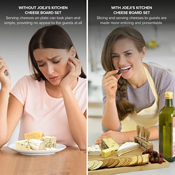 joeji's Kitchen Cheese Board Platter Set - Natural Wood Bamboo - Gift Set with Knives & Holder - Charcuterie Platter