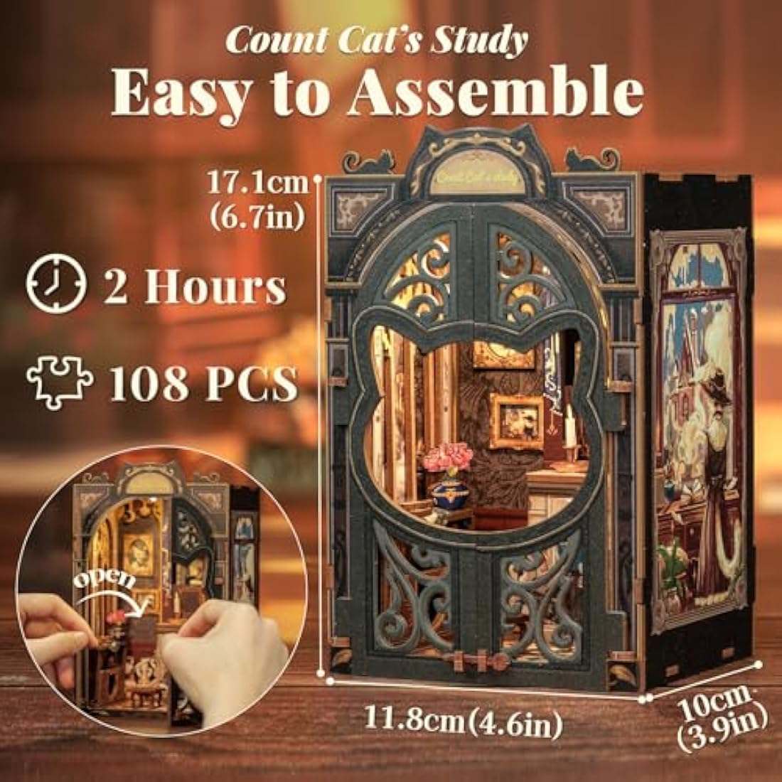 Fsolis Book Nook Kits for Adults, 3D Wooden Puzzles Book Nook, Diy Miniature House Kit Bookshelf Decor Tiny House Model Kits Gifts for Friend (Count Cat's Study)