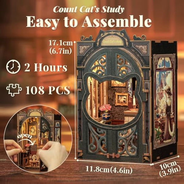 Fsolis Book Nook Kits for Adults, 3D Wooden Puzzles Book Nook, Diy Miniature House Kit Bookshelf Decor Tiny House Model Kits Gifts for Friend (Count Cat's Study)