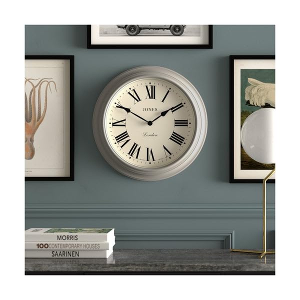 Jones Clocks Supper Club wall clock | Large classic round clock | 40cm | Mid grey | Roman numerals |Traditional design ideal for kitchen or living