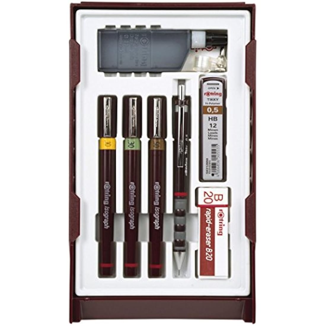 rOtring Isograph Pen Set Technical Pen & Pencil College Set | 3 Pens (0.20mm, 0.30mm, 0.50mm) and Mechanical Pencil (0.5mm) + Accessories