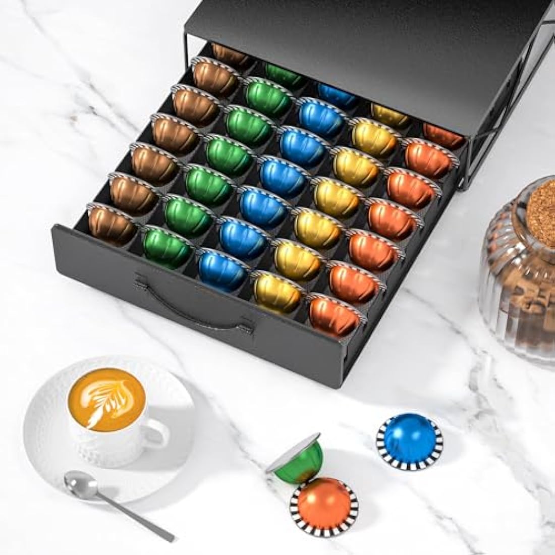 HFHOME Metal Coffee Pod Holder for 50 Nespresso Vertuo Capsules Pods & 50 Dolce Gusto Pods - Nespresso Vertuoline Capsule Drawer Organizer Coffee Machine Stand