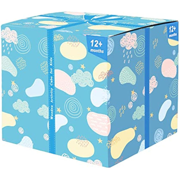 HELLOWOOD Wooden Activity Cube Baby Toys, 8-in-1 Montessori Educational Toy Set, Bead Maze Shape Sorter Abacus Xylophone Words & Clock Learning, STEM Toys for Boys Girls Toddlers Age 18 Months and up