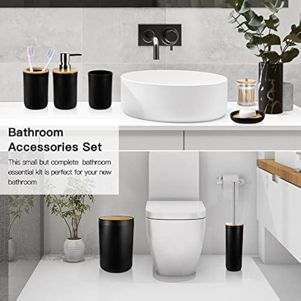 JOTOM 7 Pieces Bamboo Bathroom Accessories Bathroom Accessory Set Luxury Plastic Bath Accessories Set Toothbrush Holder Tumbler Toilet Brush Qtip Holder Soap Dish Trash Can Soap Dispenser (Black)
