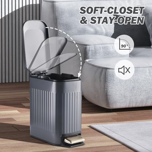 ELPHECO Slim Bathroom Trash Can Foot-Operated Stainless Steel Garbage Can with Soft Close Lid Step Trash Bin with Removable Inner Bucket for Bedroom, Office, Kitchen (Matt Grey, 1.8 Gallons)