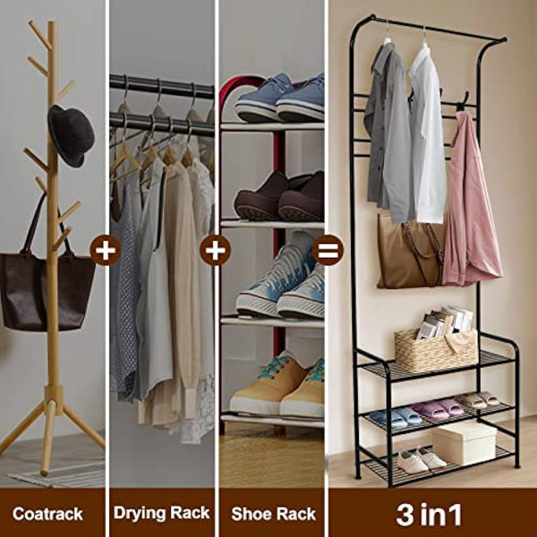 Innotic Coat Rack,Shoe Rack With Coat Hanger 16 Hooks Free Standing Coat Stands For Hallway, Entrance, Matte Steel Coat Rack Stand, Black