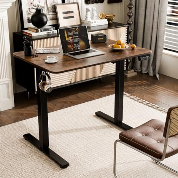 ERGOMAKER Electric Standing Desk 90x60cm, Height Adjustable Sit Stand Desk with Memory Handset Hooks for Home Office(Rustic Brown)
