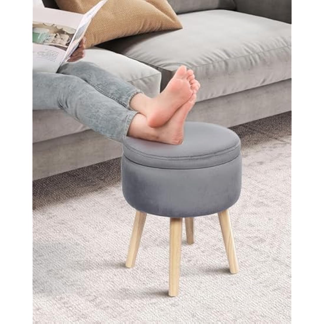 Bonlife Makeup Vanity Stool Side Table,Velvet Storage Footrest Ottoman Stool Seat Toy Box Storage Coffee Table with Wool Legs,Grey,36x36x45cm