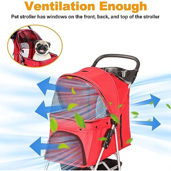 display4top Pet Travel Stroller Dog Cat Pushchair Pram Jogger Buggy With 4 Wheels (Red)