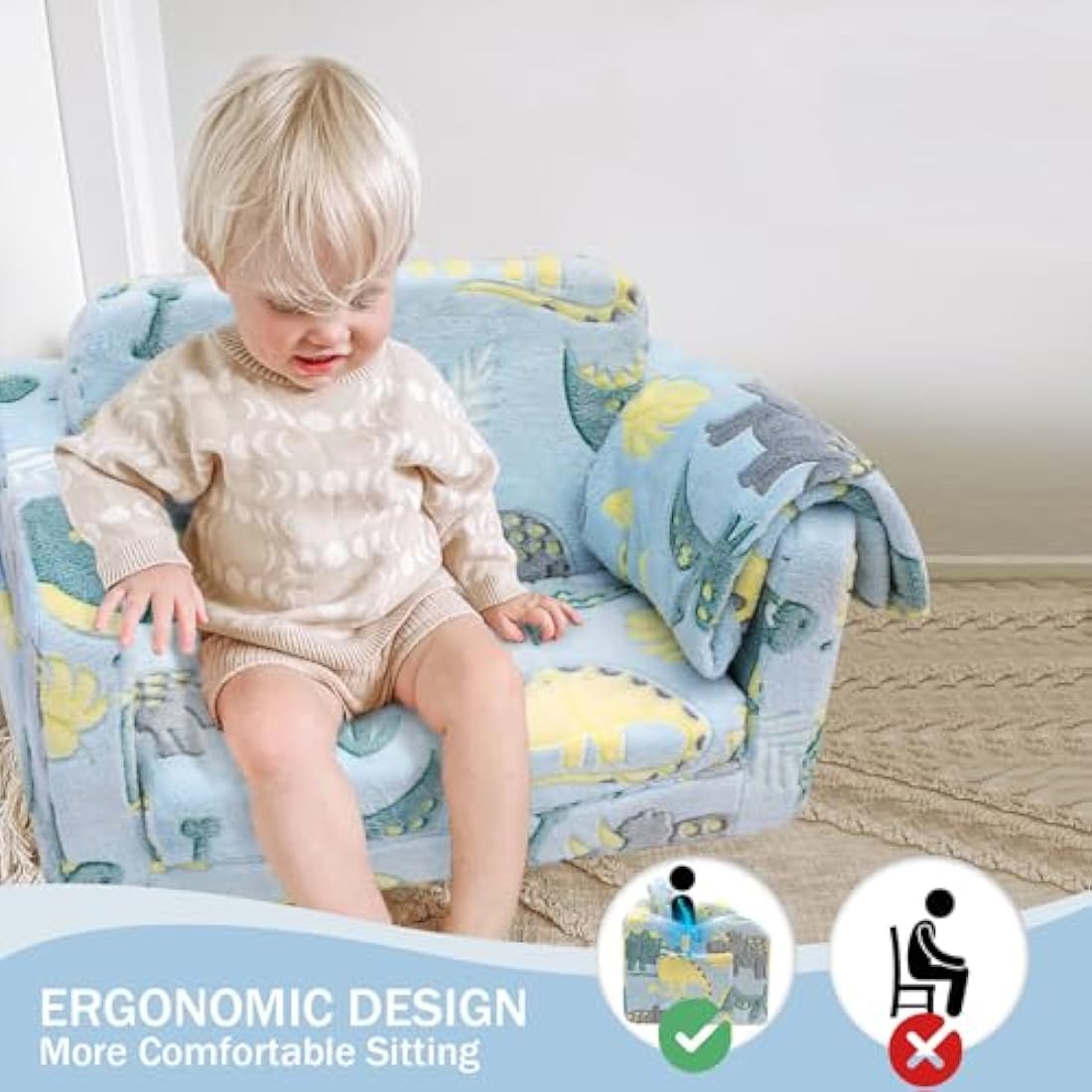 MeMoreCool Kids Couch Sofa, Folding Toddler Chair Bed, Soft Plush Fold Out Kids Armchair Sofa Glow in The Dark, Comfy Baby Recliner for Girls Boys, Glowing Dinosaur, Blue