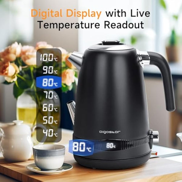 Aigostar Electric Kettle with Variable Temperature (40°C-100°C), 1.7L Digital Kettle Keep Warm, Fast Boil Smart Eco Kettle, Boil-Dry Protection, Stainless Steel, 2200W, Black - Loki
