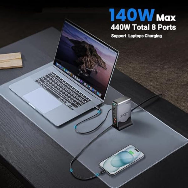 440W USB charging station - Gan Charger with 5 USB C & 3 USB A Ports, 100W 65W USB charging hub with USB C multi charger,Compatible with MacBook Lenovo Laptop iPhone iPad - 100W USBC Cable Included