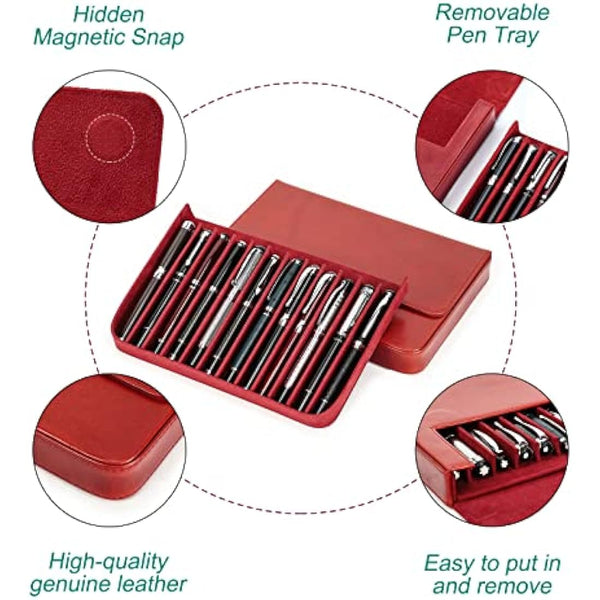 Hiram Leather Pen Case for 12 Pens Vegetable Tanned Leather Fountain Pen Storage Box with Hidden Magnetic Snap Closure and Pen Tray Design (Red)