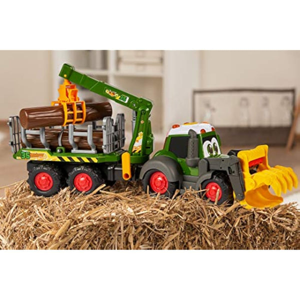 Dickie Toys 204119001 Happy Fendt Forest Toy Excavator with Trailer Mechanical Claw Over Handle Tree Trunks, Light & Sound, Batteries Included 65 cm Long, Green