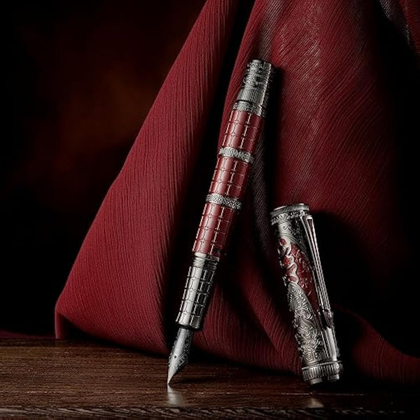 Hongdian D5 Qin Dynasty Fountain Pen Red Silver Extra Fine Nib Piston Fill Pen Retro Chinese Totem Engraving Smooth Writing Fountain Pen with Pen Box Set