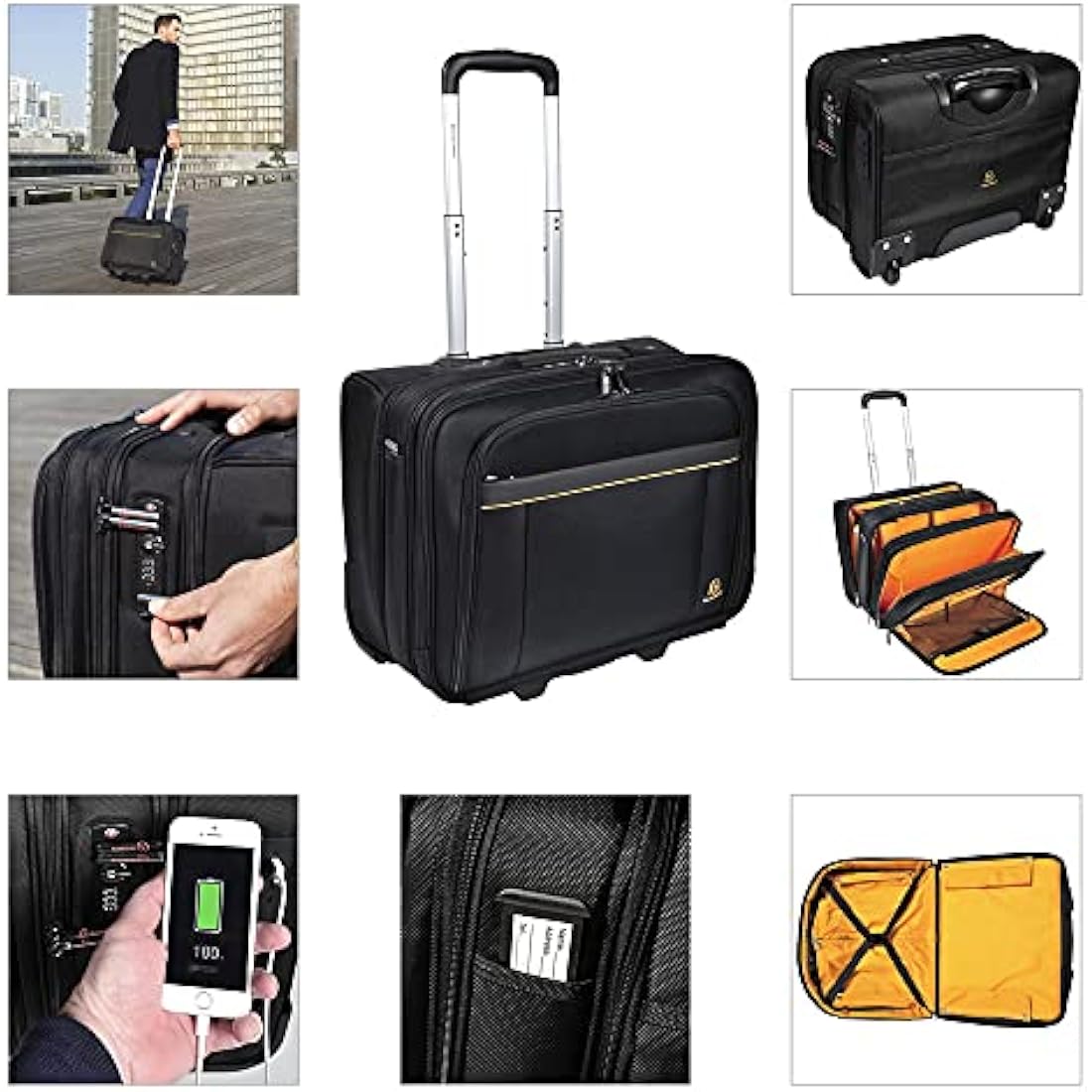 Exacompta - Ref 18534E - Exactive - Exatrolley Travel Suitcase With Wheels and a Telescopic Handle - 450 x 250 x 395mm in Size, Padded Compartment for a 15.6" Laptop - Black & Orange