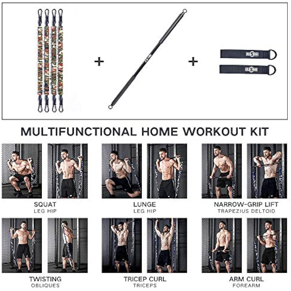 INNSTAR Portable Home Gym Set with Workout Bar, Bench Press Set, Squat Resistance Band, Door Anchor and More-Full Body Workout Equipment to Build Muscle and Shape Body