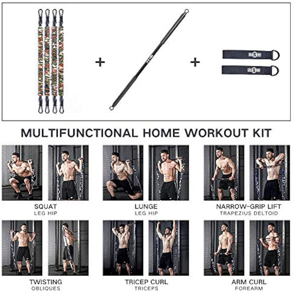 INNSTAR Portable Home Gym Set with Workout Bar, Bench Press Set, Squat Resistance Band, Door Anchor and More-Full Body Workout Equipment to Build Muscle and Shape Body