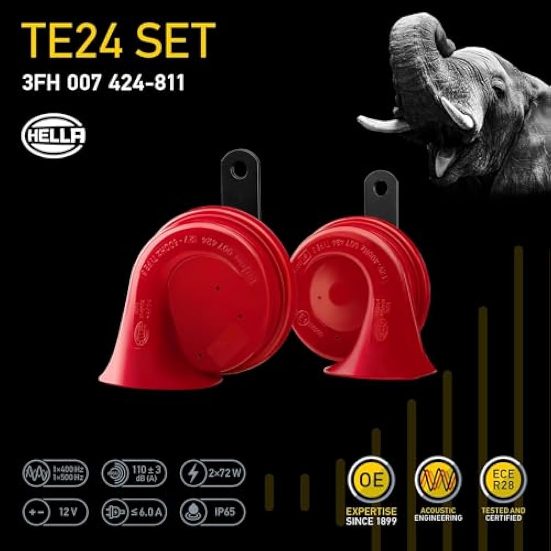 HELLA Trumpet Horn - STYLE HORN TE24 SET - 12V - 110dB(A) - Frequency range from: 400Hz - Frequency range to: 500Hz - Low Tone/High Tone - Electric - Flat Plug-in Connector - 3FH 007 424-811