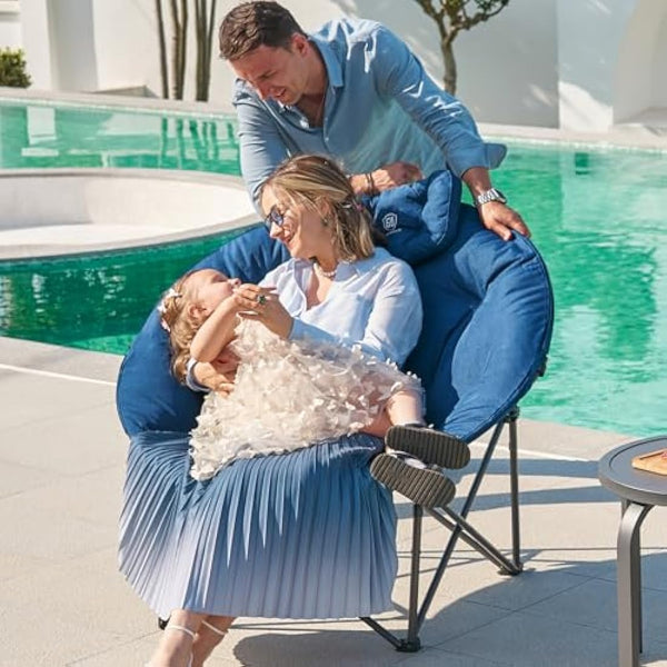 EVER ADVANCED XL Moon Chair for Adults 6cm Padded Garden Saucer Chair, Heavy Duty Camping Foldable Folding with High Back, Super Wide Round Seats, supports 150KG Blue