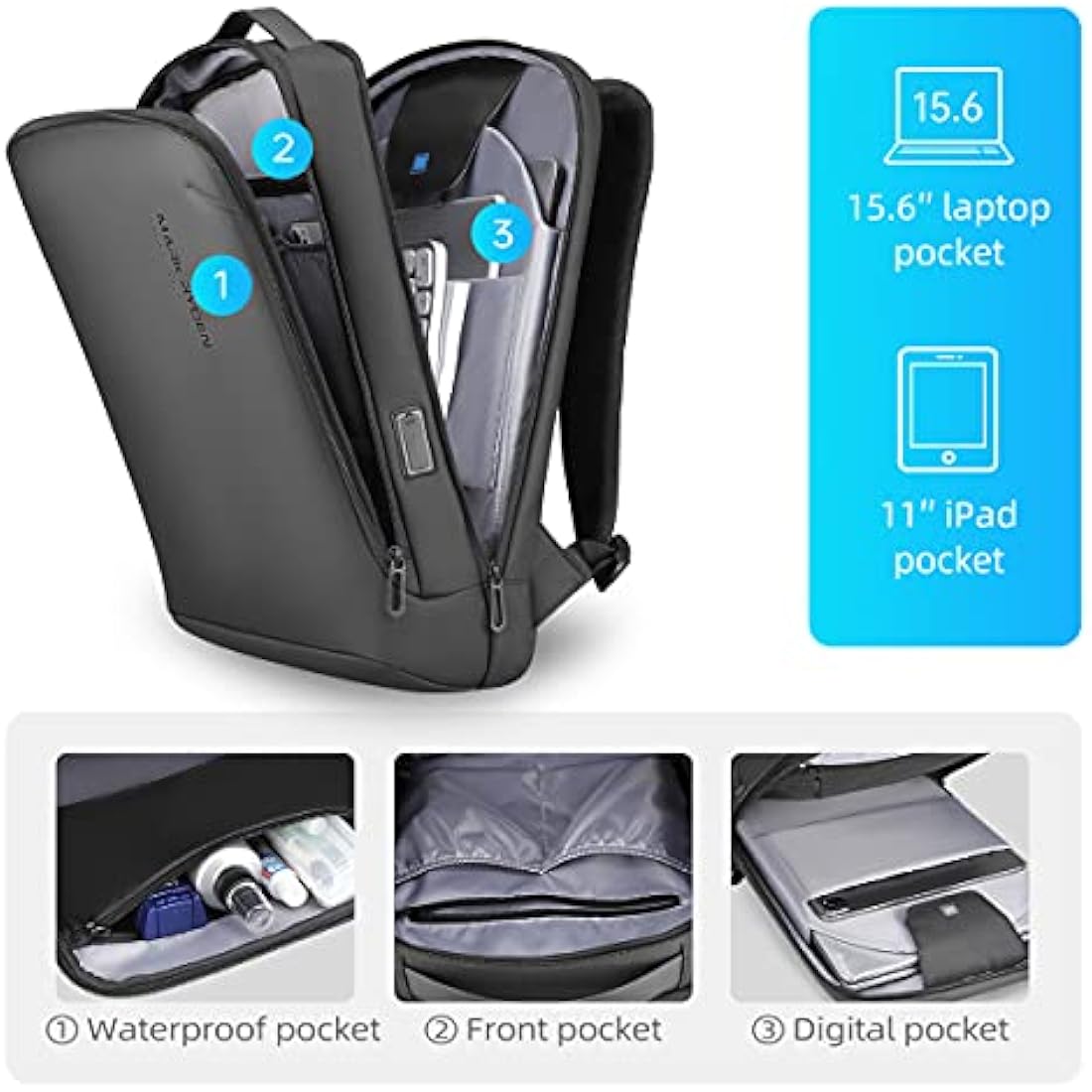 MARK RYDEN Slim Hard Shell Laptop Backpack, Lightweight Laptop Rucksack For 15.6 inch,Waterproof Business Work backpack For Men Women-Black