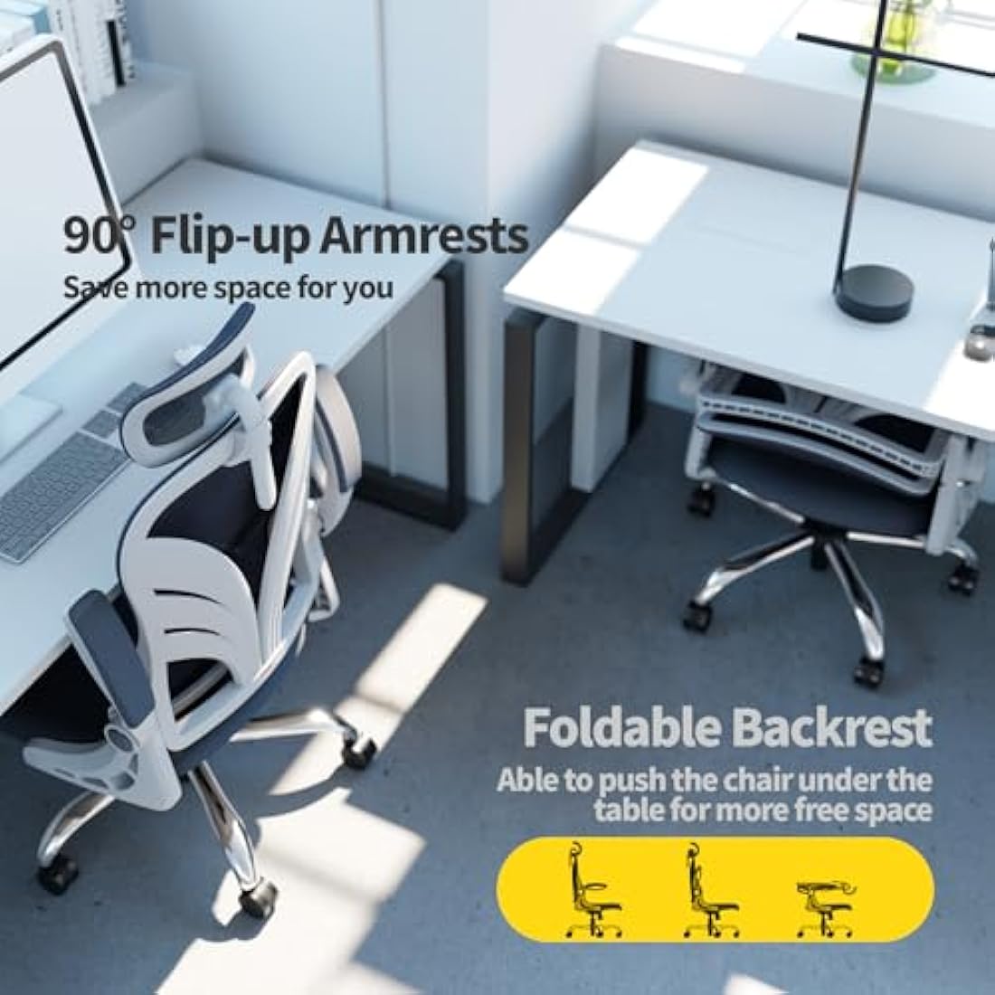 HOLLUDLE Ergonomic Office Chair with Foldable Backrest, Computer Desk Chair with Flip-up Armrests, Mesh Lumbar Support and 2D Headrest Big and Tall Office Chair, White (Folder2-GR)