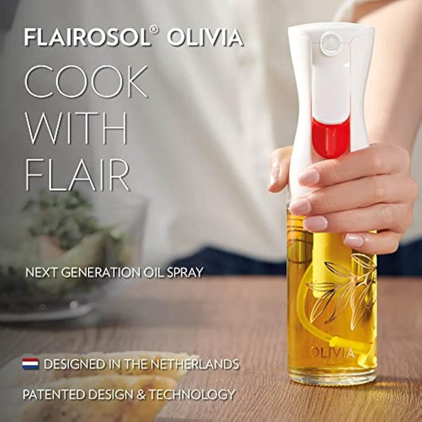 FLAIROSOL OLIVIA. The Original Advanced Oil Sprayer for Cooking, Salads, BBQs and More, Continuous Spray with Portion Control, Trusted by Chefs. Patented Technology (Glass Bottle) (Golden Leaves)