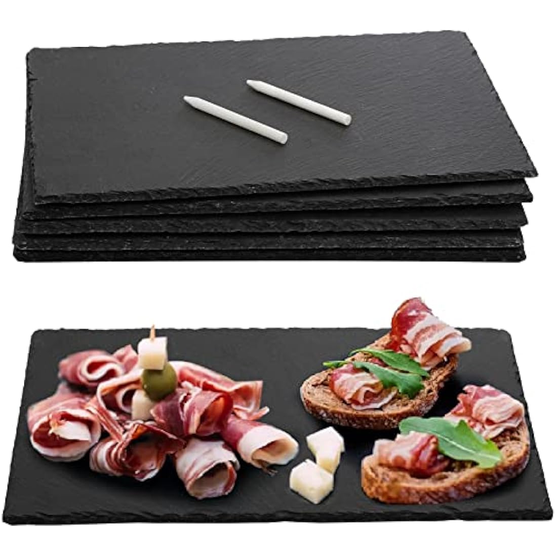 Hacaroa 6 Pieces Slate Cheese Board, 30 x 20cm Black Charcuterie Boards Natural Slate Stone Plate Tray, Gourmet Serving Platter for Meats, Fruits, Parties, Appetizers