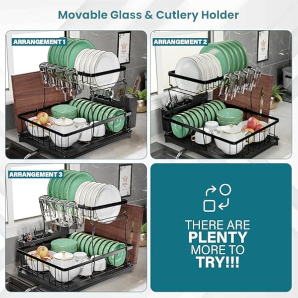 PRIME FEEL 2 Tier Dish Drainer Rack, Rustproof Dish Drying Rack for Kitchen Countertop, Draining Board Rack with Drip Tray, Cutlery Drainer, Glass Holder & Chopping Board Rack, (Black)