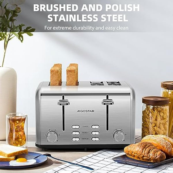 Aigostar Toaster 4 Slice Stainless Steel Toaster with Independent and Extra-Wide Slots, High Lifting, Defrost & Reheat Functions, Variable Browning Settings, Silver - Gordon 30ZGE