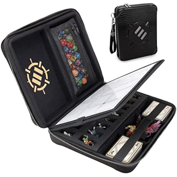 ENHANCE Collector's Edition RPG Organizer Case - DND Binder with Built-in Character Sheet Holder and Erasable Scribe Panel, Dice Rolling Area, Removable Pen Pouch, Miniature Foam Tray (Dragon Black)