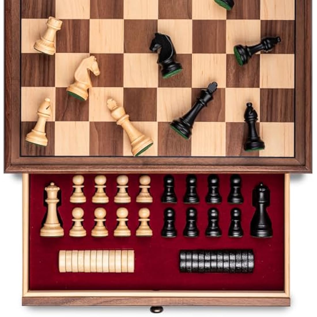 A&A 15 inch Walnut Wooden Chess Sets w/Storage Drawer/Triple Weighted Chess Pieces - 3.0 inch King Height/Walnut Box w/Walnut & Maple Inlay / 2 Extra Queen/Classic Board Games