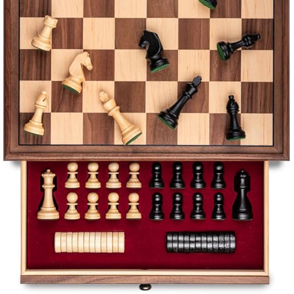 A&A 15 inch Walnut Wooden Chess Sets w/Storage Drawer/Triple Weighted Chess Pieces - 3.0 inch King Height/Walnut Box w/Walnut & Maple Inlay / 2 Extra Queen/Classic Board Games