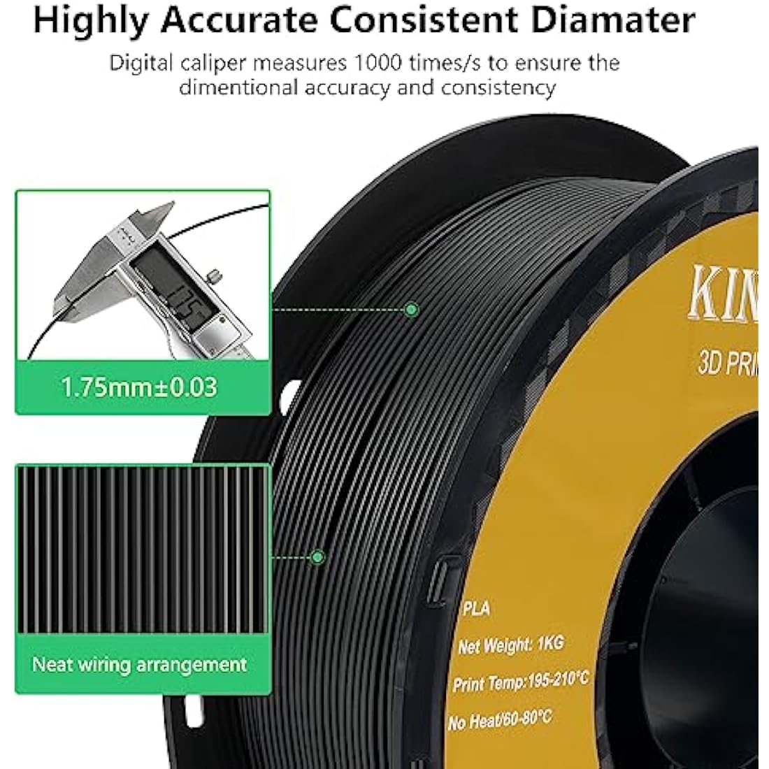 Kingroon PLA Filament 1.75 mm is for the 3D Printer, Filament 3D Printing Materials 10KG 3D Filament Dimensional Accuracy +/- 0.03 mm 3D Printer Filament PLA with Spool Wound Neatly Black pla filament