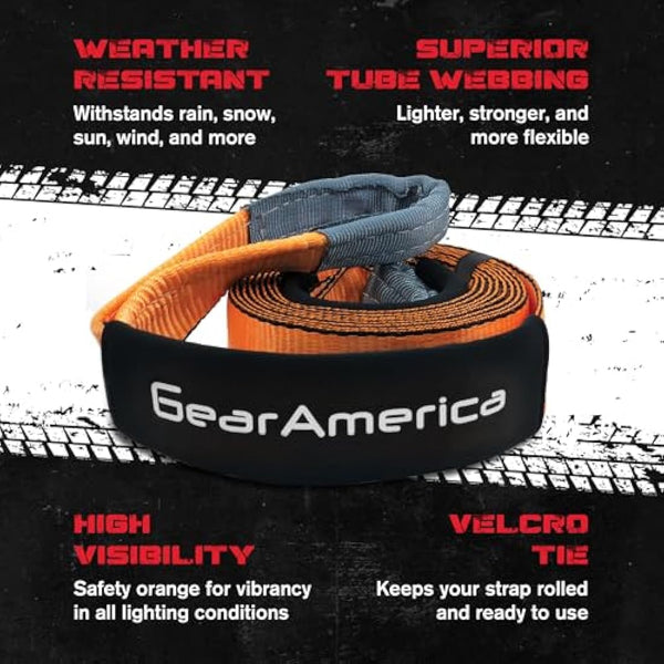 GearAmerica Tree Saver Winch Strap 3" X8' Heavy Duty 35,000 Lbs (17.5 Tons) Strength Off-Road Towing Rope for Jeep Or Truck Reinforced Loops with Orange Storage Bag
