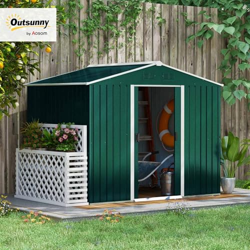 Outsunny 7.7 x 5.7ft Metal Garden Shed with Ventilation Slots and Sliding Doors, Galvanised Outdoor Tool Storage House, Grey