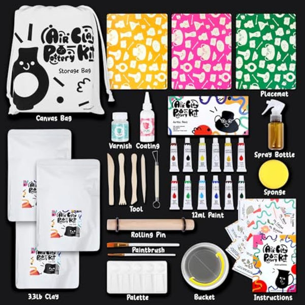 Air Dry DIY Clay Pottery Kit for Beginners & Adults, Sculpting Tools Set & Step-by-Step Guide 12 Paints Paintbrush Varnish Sponge Teen Birthday Gift