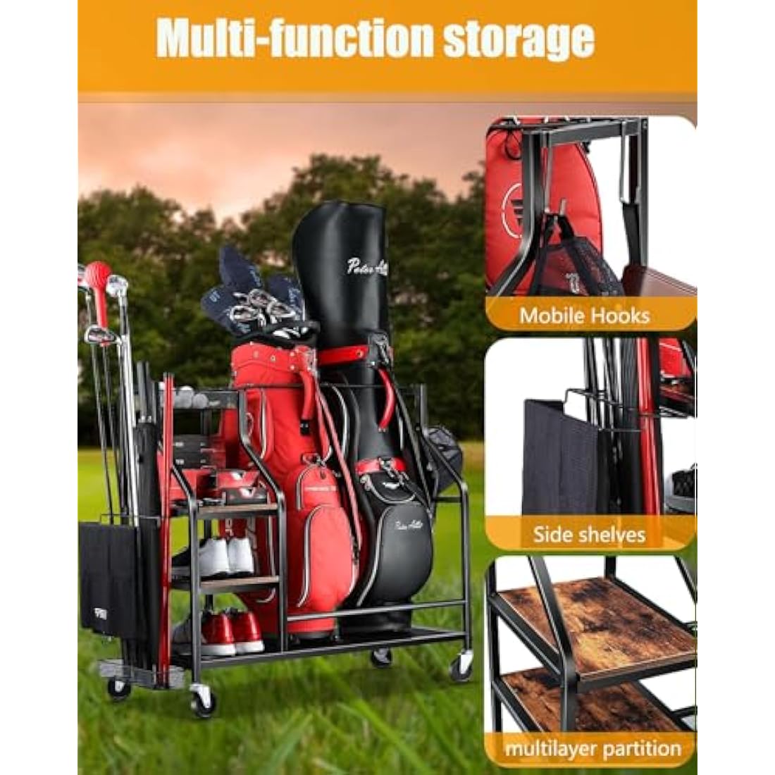 EXTCCT Golf Bags Storage Organizer- Golf Bag Stand for Golf Equipment Accessories, Golf Bag Storage Rack with Wheels, Golf Club, Golf Gear Organisers