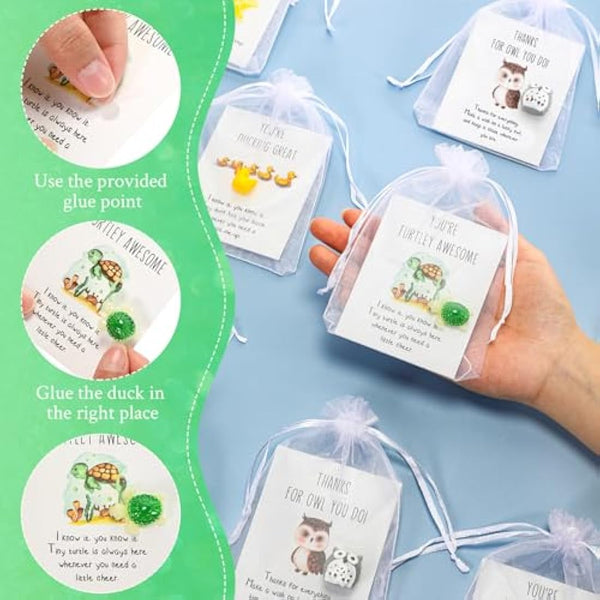 Fumete 50 Set Employee Appreciation Gifts Bulk for Coworkers Thank You Staff Gift Animal Pun Inspirational Note Cards Funny Resin Ducks Stars Whales Turtles Owls Office Gifts Pocket Favors
