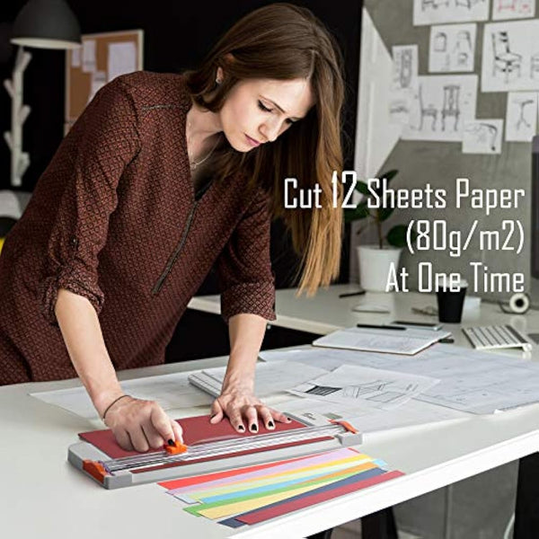 Firbon A4 Paper Cutter 12 Inch Titanium Paper Trimmer Scrapbooking Tool with Automatic Security Safeguard and Side Ruler for Craft Paper, Coupon, Label and Cardstock (White)