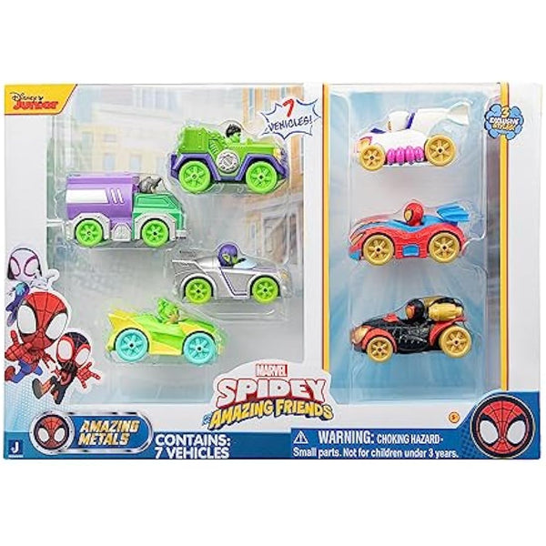 Marvel's Spidey and His Amazing Friends Amazing Metals 7 Pack 3-Inch Die-Cast Mini Vehicles with Built in Characters