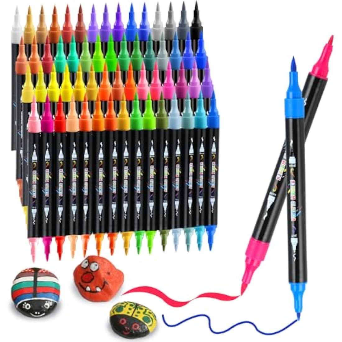 60 Colours Acrylic Paint Pens for Rock Painting Fabric Glass Stone Ceramic Wood Metal, Dual Tip Acrylic Markers Set for Easter Egg Pumpkins Christmas, Arts and Crafts for Adults and Kids