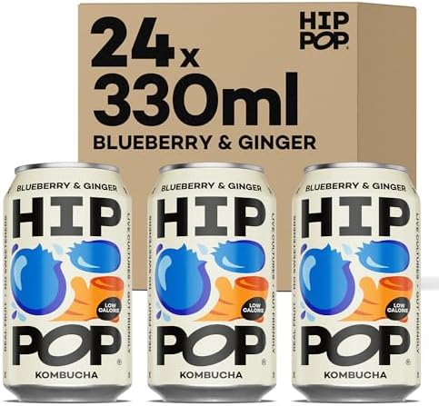 Hip Pop Kombucha, Blueberry & Ginger, Low Calorie, 100% Natural, Vegan, Branding of Cans May Vary, 24 x 330 ml