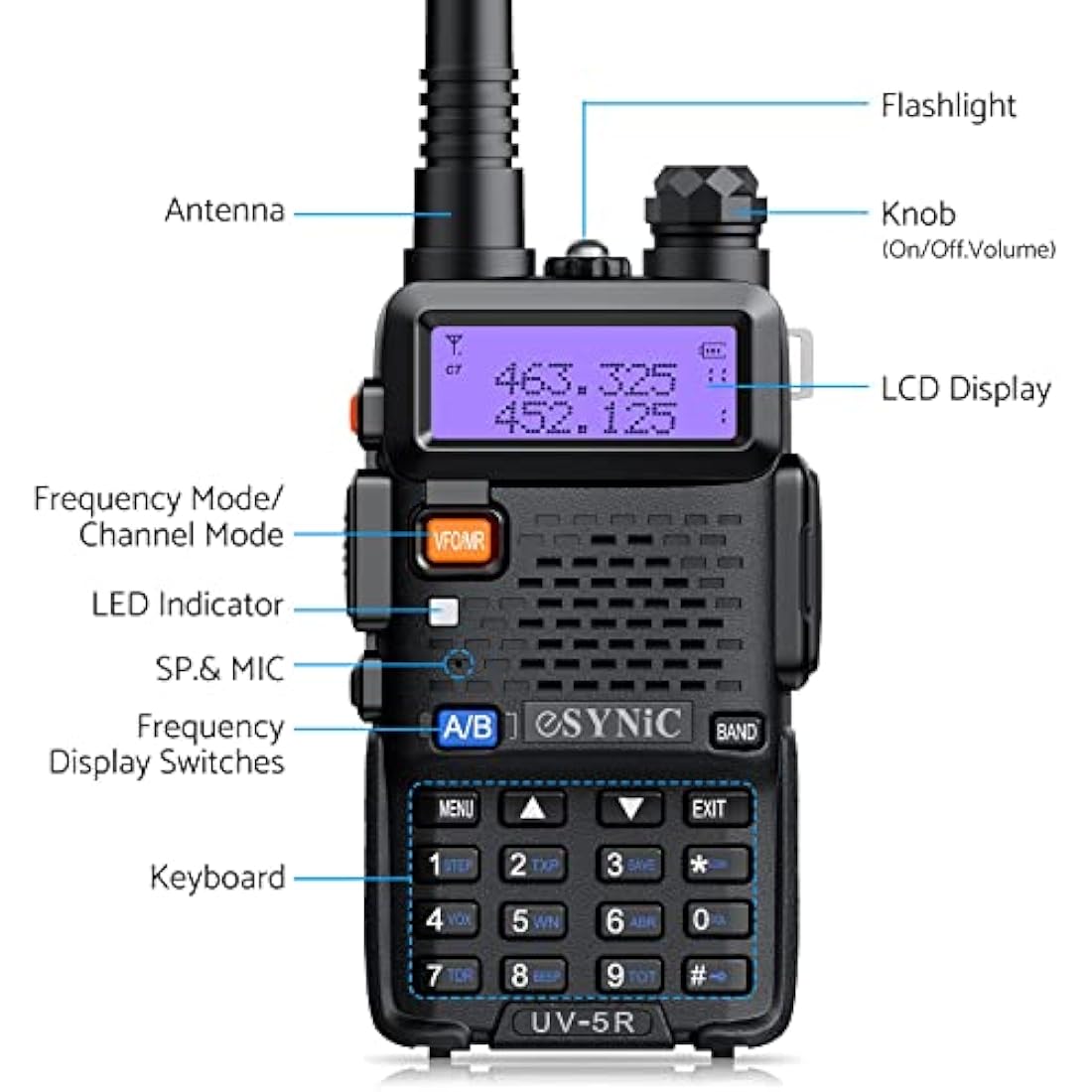 eSynic Professional Walkie Talkies uv5r 5W Rechargeable UV-5R Radio Walkie Talkies VHF/UHF Dual Band Clear Calls 2 Way Radio Long Range with LED Display 128CH Supports VOX FM Functions