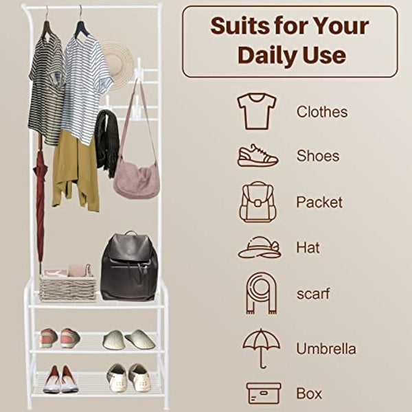 Innotic Coat Rack Stand with Shoe Rack and Removable 16 Hooks Free Standing Hall Tree Matte Steel Frame Hat Rack Coat Stand for Storage, White