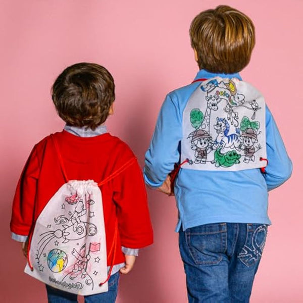 aeioubaby.com 25 Backpacks Color Your Own + Reusable Bag | 25 Individual Bags, 5 Coloured Crayons and Balloon | Children's Gift for Parties and Birthdays (Space)