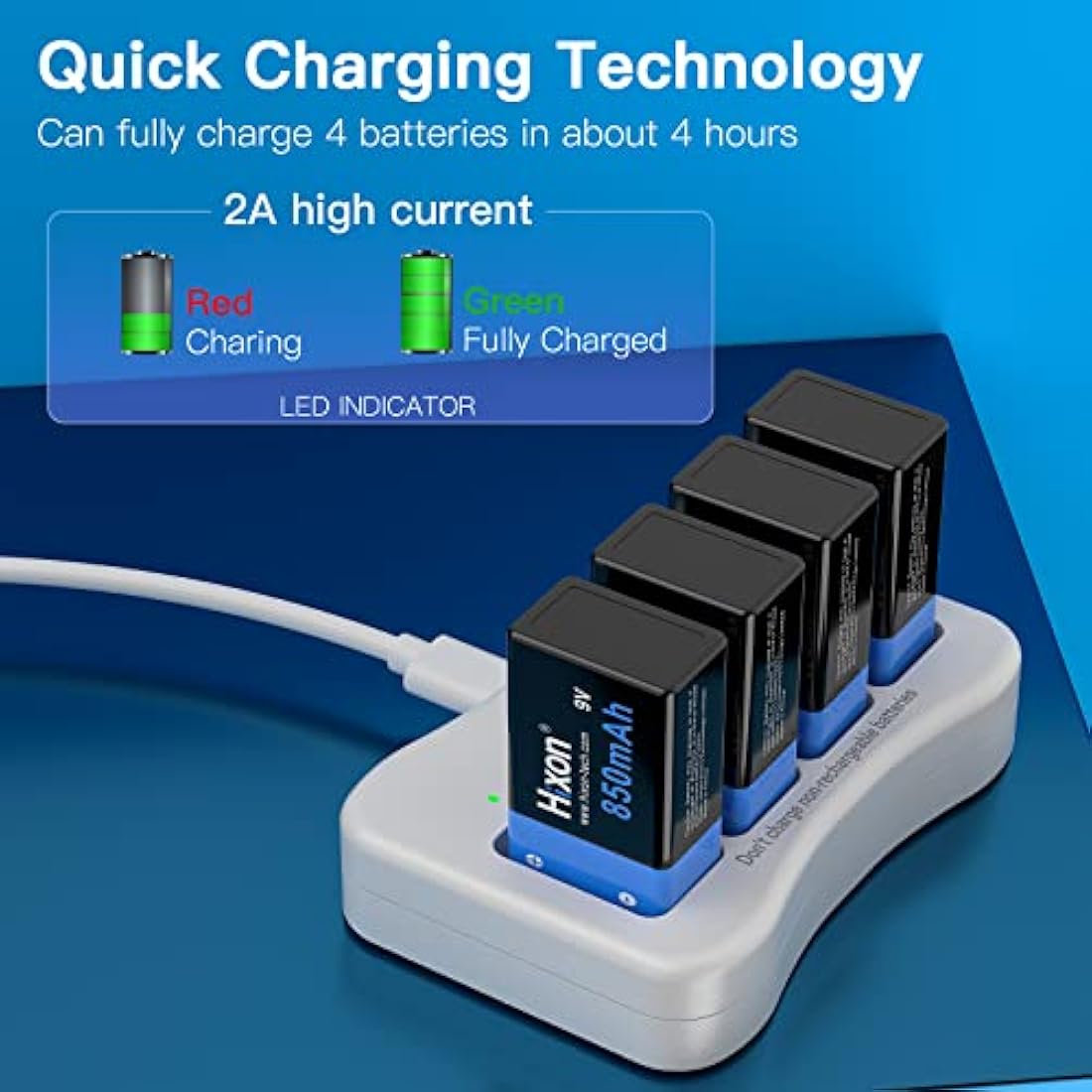 9V Rechargeable Battery 850mAh 9 Volt Battery 4 Pack 9V PP3 6F22 Lithium-ion Batteries with 9V Battery Charger for Smoke Detector Multimeter Toys